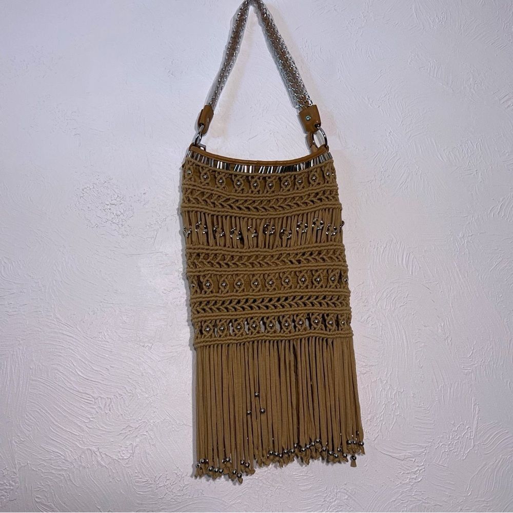Bebe Beige  Tan Fabric Fringe Gold Chain Shoulder  Bag NWOT Hobo Bohemian